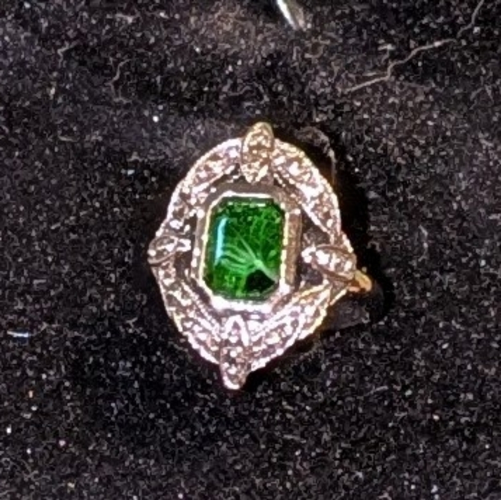 AVON Vintage Art Deco Style Faux Malachite Ring with Faux Marcasite Size  7